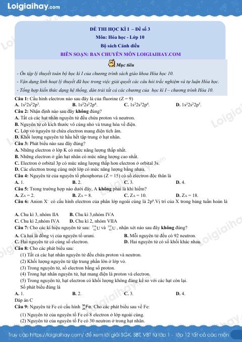 Đề thi học kì 1 Hóa 10 Cánh diều - Đề số 3